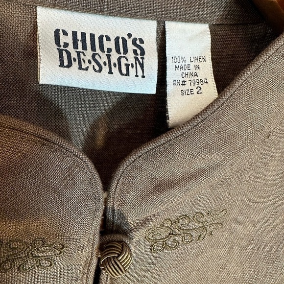 Chico’s Olive Green Tian 100% Linen Asian Art Jacket Blazer Coat Long Sleeve 2 - Picture 5 of 13